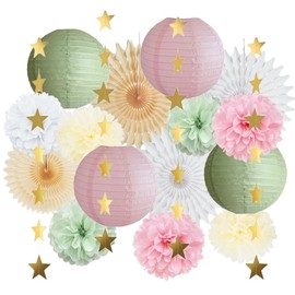Sage Green and Pink Party Decorations Paper Lanterns Decorative Pink Gold Tissue Paper Pom Poms Sage Green Party Decorations Gold Star Garland for Baby Shower Bridal Shower Birthday Wedding Engagement