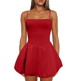 UNIANKIYA Bubble Athletic Dress for Women Square Neck Tennis Dress with Shorts Spaghetti Strap Mini Summer Dresses Casual Red