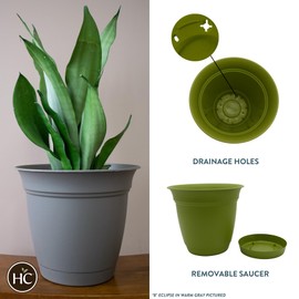 The HC Companies 12 Inch Eclipse Round Planter with Saucer - Indoor Outdoor Plant Pot for Flowers, Vegetables, and Herbs, Peridot