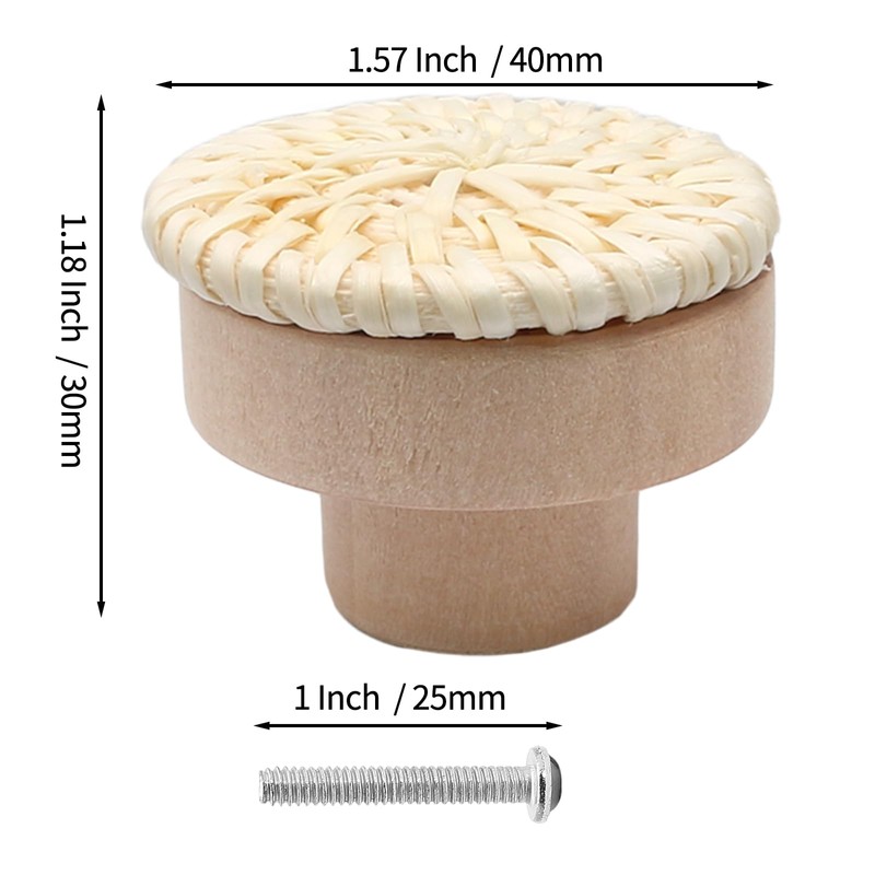 Seimneire 6 Pcs White Boho Rattan Dresser Knobs, Wooden Drawer