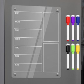 SULOLI Acrylic Magnetic Weekly Planner for Fridge, Clear Weekly Meal Planner for Refrigerator with 6 Magnetic Erasable Markers 8"x12"