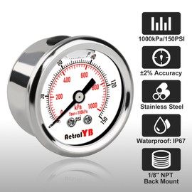 AetralYB Full Stainless Steel Pressure Gauge, 1.5 Inch Dial,0-150 PSI/0-1000 kPa,Glycerin Filled, NPT1/8 Back Mount, IP67 Waterproof,for Home Water,Air,Oil Pressure Test
