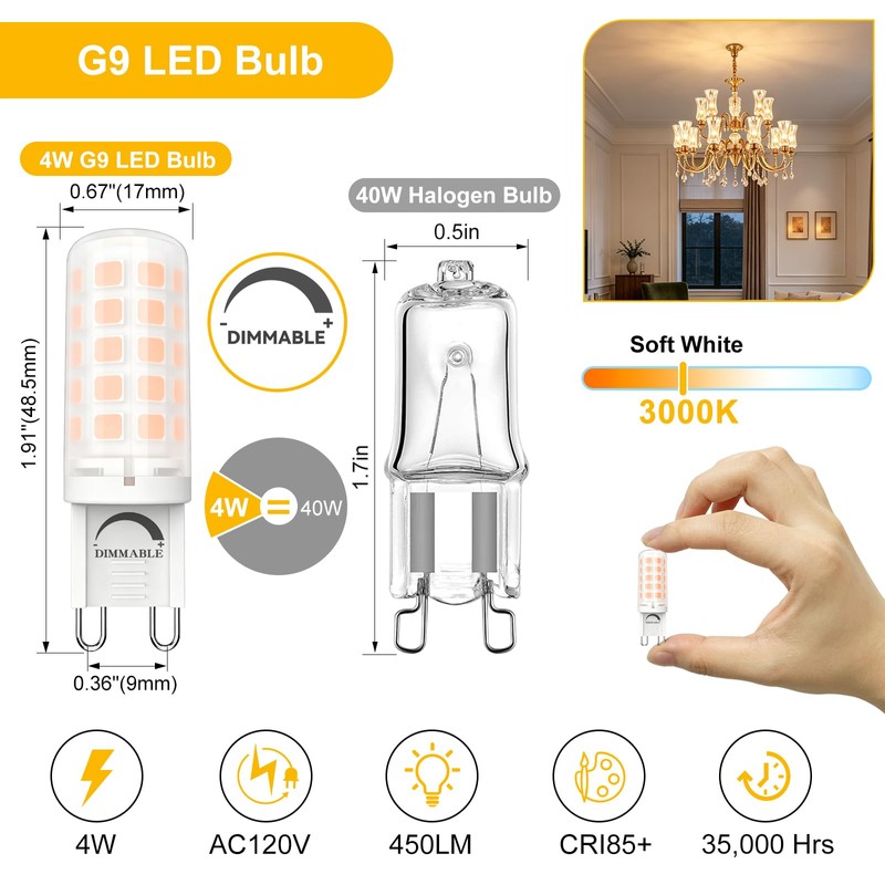 AIMEOKO G9 LED Bulb T4 Bi-pin Base 4W 120V Dimmable
