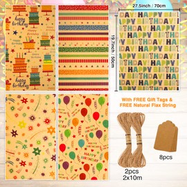 Gift Wrapping Paper Birthday, Eco Kraft Gift Paper for Men, Women, Girls, Boys, Natural Birthday Paper with Brown and Colourful Mixed Pattern, Birthday Gift Wrapping Paper Children's Set for Gift
