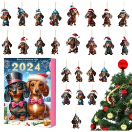 2024 Christmas Dachshund Advent Calendar, Christmas Vacation Advent Calendar 2D Acrylic Dachshund Dog Pendant Cute Cartoon Minifigures Doll Xmas Vacation Stocking Stuffer Gifts