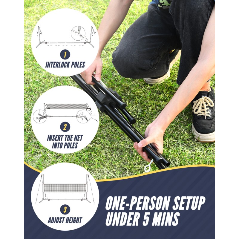 Patiassy 5.1ft-7.4ft Adjustable Height Volleyball Badminton Net Set with Poles