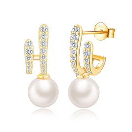 Gold Earrings for Women - Pearl Earrings with Cubic Zirconia, Yellow Gold Drop Earrings | Hypoallergenic Gold Pearl Dangle Dangly Gold Earrings Jewellery Christmas Birthday Gifts