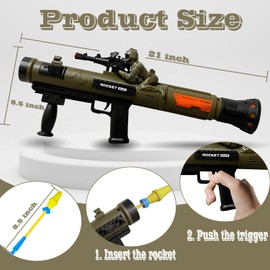 Toy Rocket Launcher, Rocket Gun with 3 Foam Rockets, Toy Rocket Barrel Launcher RPG Gun for Kids, with Sound, Vibration, LED Effects, Military Pretend Play Blaster Toy Gun for Boys (Brown)