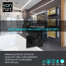 Kon-fort Home Towel Hooks Black Square Bathroom and Kitchen Set of 2 Design Made of Stainless Steel AISI 304 Matte Black for Drilling