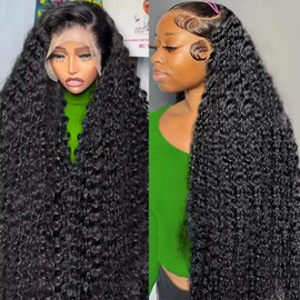 13x6 Deep Wave Lace Front Wigs Human Hair 200 Density HD Transparent Deep Curly Lace Front Wig Human Hair Lace Frontal Wigs for Women Pre Plucked Natural Black (Black, 34 inch)