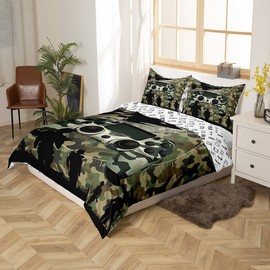 Army Style Gaming Gamer Bedding Set Kids Boys Teens Games Duvet Cover Green Camouflage Comforter Cover Helicopter Joystick Decor Reversible Quilt Cover with 1Pillowcases Single