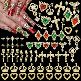 BELICEY 56Pcs 3D Gold Nail Charms Assorted Cross Star Heart Charms for Nails Alloy Rose Flower Crown Nail Charms Gems Luxury Nail Jewelry Green Red Crystal Rhinestones for DIY Nail Art Design Crafts