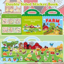 Reusable Sticker Book, Sticker Book for Children, 6 Sheets Farm Sticker Books for 3 4 5 6 Years Boys Girls Toddlers, 3D Clear Stickers for Educational Toys Gifts