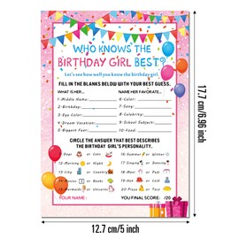 Skylety The Birthday Girl Best, 50 Pieces Birthday Party Activity Game Card Set Who Knows Her Best Girl Birthday Party Activity Themed Party Decorations (Pink)