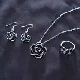 TOEECY Rose Jewellery Set for Women and Girls Camellia Flower Pendant Necklace Earrings and Adjustable Rings Set Enamel Zirconia Jewellery Set for Wedding Bride, Alloy Steel, Cubic Zirconia