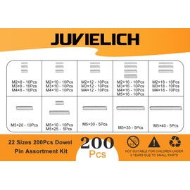 Juvielich 200Pcs Dowel Pin 304 Stainless Steel 22 Sizes M2 M3 M4 M5 Cylindrical Shelf Support Pin Fasten Elements Assortment Kit