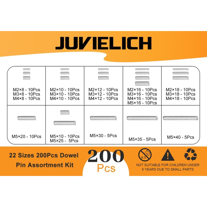 Juvielich 200Pcs Dowel Pin 304 Stainless Steel 22 Sizes M2