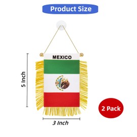 Rotenl 2 Pack Mexico Window Small Mini Hanging Flag, 3 X 5 Inch Mexican Car Flag Banner with Golden Fringy Tassel and Suction Cup, Wall, Door and Rearview Mirror Decor (Mexico)
