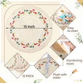 Buryeah 12 Set Christmas Round Placemats Washable 15 Inch Woven Placemats Embroidered Applique Place Mats Christmas Decorations for Winter Holiday Kitchen Dining Table (Berry)