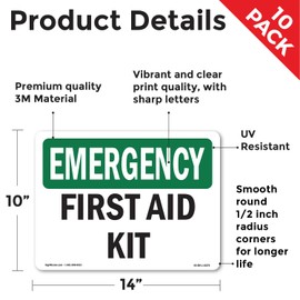 First Aid Kit OSHA Emergency Vinyl Decal Label 14 Inch x 10 Inch - 10 Pack