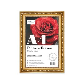 Almost Frameless A4 Gold Ornate Picture Frame Fits A4 (21 x 29.7cm - 8.3 x 11.7in) Poster, Photo, Artwork, or Print. Baroque Style Portrait and Landscape Display with Wall Hooks