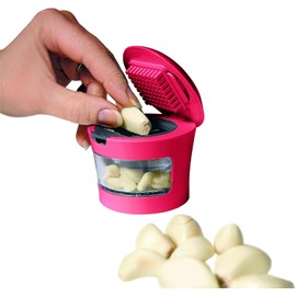 Garlic Perfection Press, Crusher, Mincer, and Storage Container - Easy to Clean - Stainless Steel Blades - Red