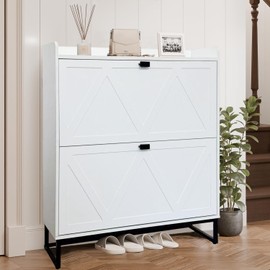 AT-VALY Shoe Storage Cabinet for Entryway, Narrow Shoe Rack with 2 Flip Drawers, Freestanding Hidden Organizer Cabinet with Metal Legs (White Grain)