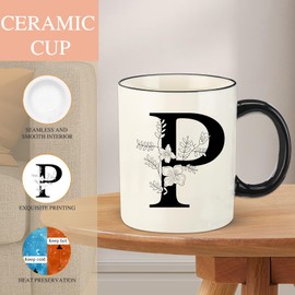 Monogram Ceramic Coffee Mugs, 11 oz Initial Drinking Cup with Gift Box, Unique Birthday Christmas Gifts for Women Wife Mothers Day Grandma Mom Aunt, P