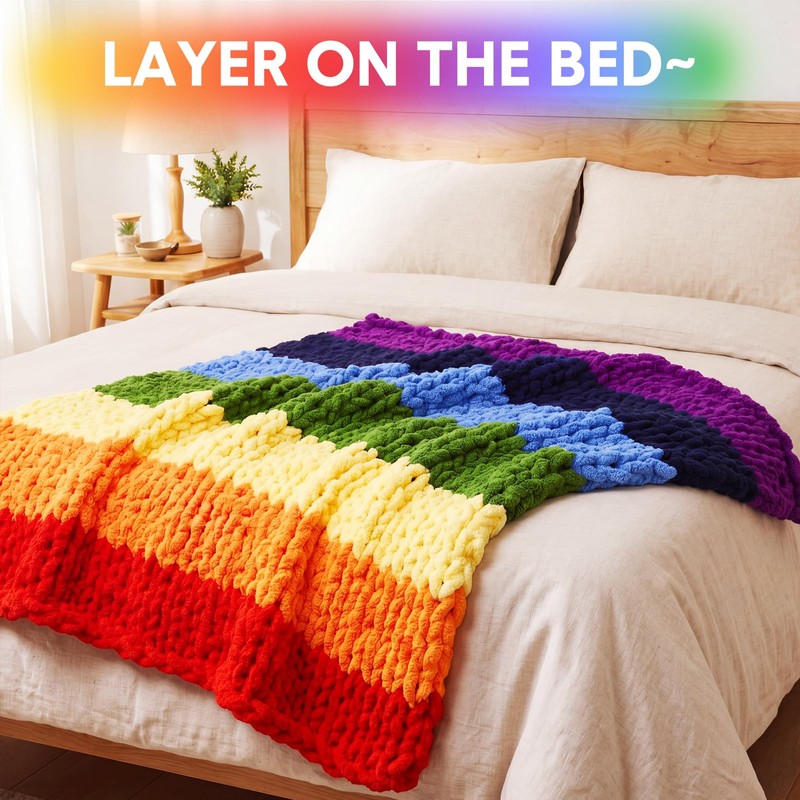 Buryeah Rainbow Chunky Knit Throw Blanket 50"x60" Soft Knitted Throw
