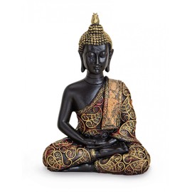 TEMPELWELT Decorative figure Buddha statue Amithaba sitting 15 cm high, polystone black gold, Dhyani Buddha decorative figure Thai Buddha statue Buddha figurine