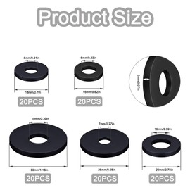 Tayffency 100pcs Heavy Duty Rubber Flat Washers, 5 Sizes (16/18/20/25/30mm), Black, for Bolts, Screws, Faucets, Appliances