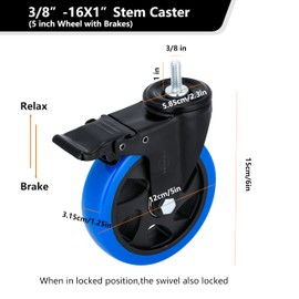5 inch Heavy Duty Stem Caster 1200 lbs Swivel Threaded Stem 3/8"-16 x 1 (Stem Diameter 3/8", Length 1") Blue Caster with Brakes for Shelving Cart Furniture Workbench