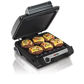 Hamilton Beach 4-in-1 Indoor Grill & Electric Griddle Combo with Bacon Cooker, Opens Flat to Double Cooking Surface, Removable Nonstick Plates, Black & Silver (25601)