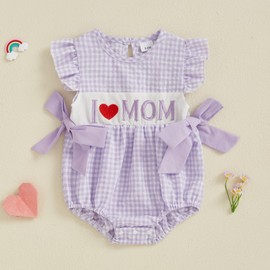 Newborn Baby Girl Outfit I Love DAD/MOM Flying Sleeve Plaid Smocked Bubble Romper Infant Bodysuit Cute Summer Clothes (Purple, 12-18 Months)