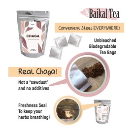Chaga Tea - 100% Wild Siberian Chaga Mushroom - Organic - 30 Unbleached Tea Bags - Pure No Additives - Natural Detox and Digestive Support - Hand-Picked by Baikal Tea