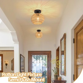 AyshwillDec 8.7 inch Mini Rattan Lights Fixtures Ceiling Boho Light Fixtures Wicker Ceiling Lights Hand Woven Ceilings Light Fixtures Flush Mount Ceilings with Woven Shade for Hallway Bedroom