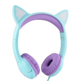 Olyre - Auriculares para niños con micrófono para la escuela, 85 dB, volumen seguro con luz limitada, auriculares para orejas de gato, cable con cable para niños, niñas, viajes, verde/morado