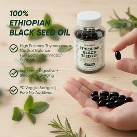 Ethiopian Black Seed Oil, Organic Cold Pressed 100% Pure Black Seed Oil 800mg Supplement, Supports Immune & Digestive Health, Easy-to-Swallow, 90 Count
