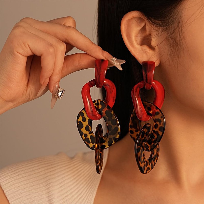 Kercisbeauty Red Leopard Print Acrylic Resin Chunky Earrings Big Statement