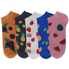 KONY Womens Fruits Patterned Ankle Socks 5 Pairs, Cotton Fun Casual Socks for Teen Girls Gifts(5 Pack - Fruits)
