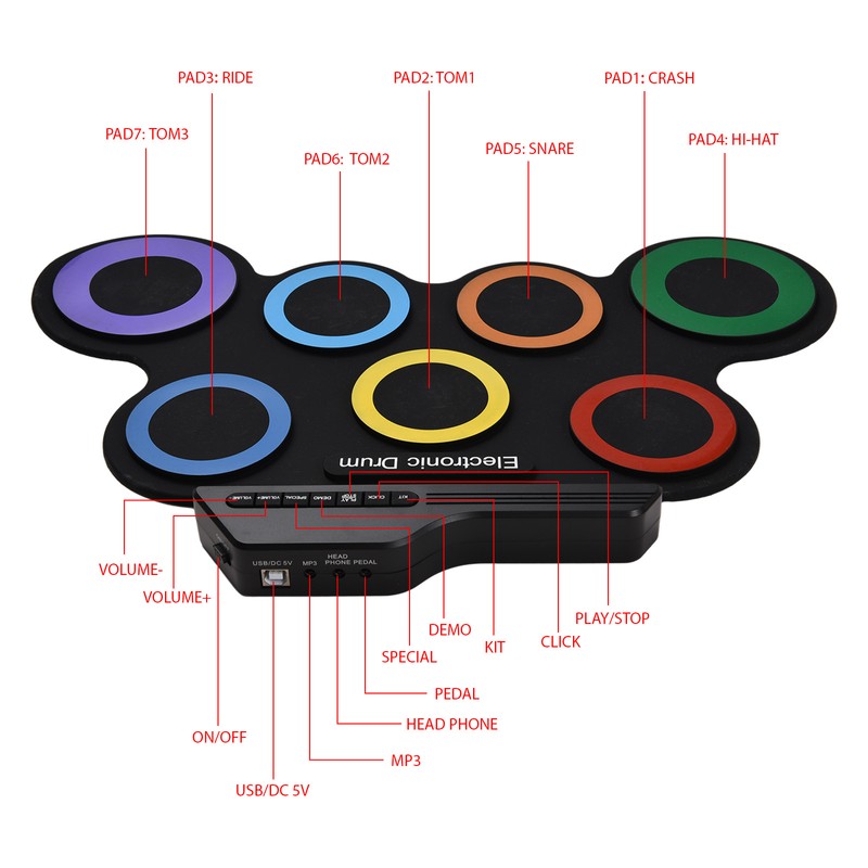 Electric Drum Set Portable Drum Pad Kit 7 Pads with