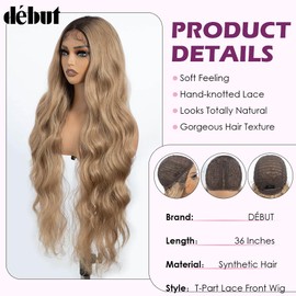 DÉBUT Long Wavy Synthetic Lace Front Wigs Body Wave 13x4 Middle Part Wig for Women Slight Pre Plucked Hairline with Baby Hair Ombre Brown to Blonde 36 Inches