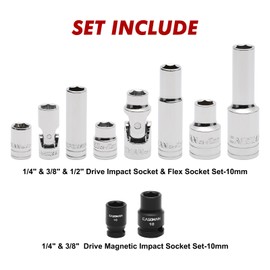 CASOMAN 10-Piece Impact Socket & Flex Socket Set - 10mm, 1/4" & 3/8" & 1/2" Drive, 6-Point, Magnetic Impact Sockets, with Storage Rail