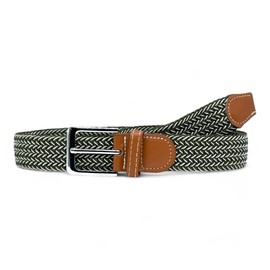 SEGMENTES Two Tone Elastic Braided Belt for Men and Women with Square Buckle and Brown Detail, Length 100 to 135 cm, Woven Fabric Belt Extendable Unisex, Green/White