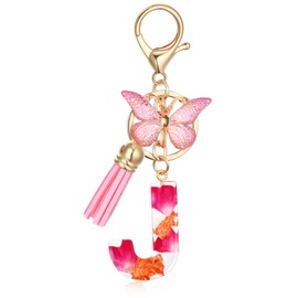 MWOOT Alphabet Initial Letter J Keychain Fashion Key Ring,Alphabet Petals Gold Foil Resin Keyring Charm with Butterfly Tassel Pendant,Pink Key Chain for Women Gift Purse Bag Handbag Decoration(J)