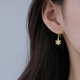 SLUYNZ 925 Sterling Silver Snowflake Earrings Drop for Women Teen Girls Small Snowflake Dangle Earrings (B-18K Gold)
