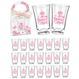 STELOVIKI Quinceanera Party Favors for Guests-50 Sets 1.18oz Quinceanera Acrylic Clear Shot Glasses Bulk With Gifts Boxes Mis Quince Anos Quinceanera Sweet 15 Birthday Party Favors-Pink
