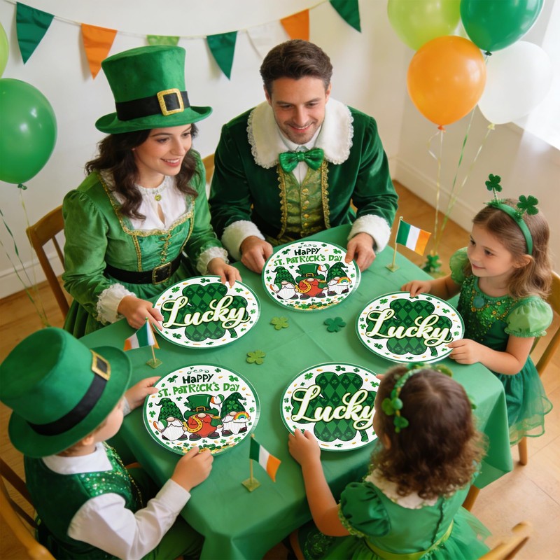St. Patrick's Day Party 9 Inch Plates Green Shamrocks Gnomes