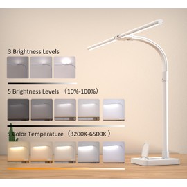 Ksunun Led Desk Lamp for Home Office, Double Head Desk Lamp with Base, 24W-5 Color Modes and 5 Dimmable Dimming Lighting Desk Light, Eye-Caring Modern Task Lamp for Architect Study Drafting Reading