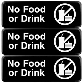 Excello Global Products No Food or Drink Sign: Easy to Mount Informative Plastic Sign with Symbols 9x3, Pack of 3 (Black)